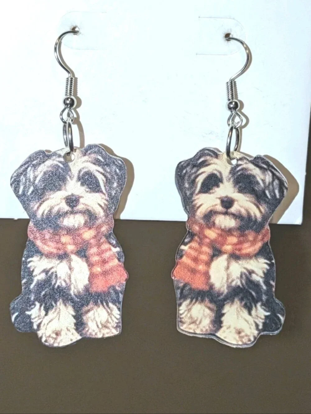 Hand Crafted Black, Cream and Orange Dog Scarf Drop Earrings